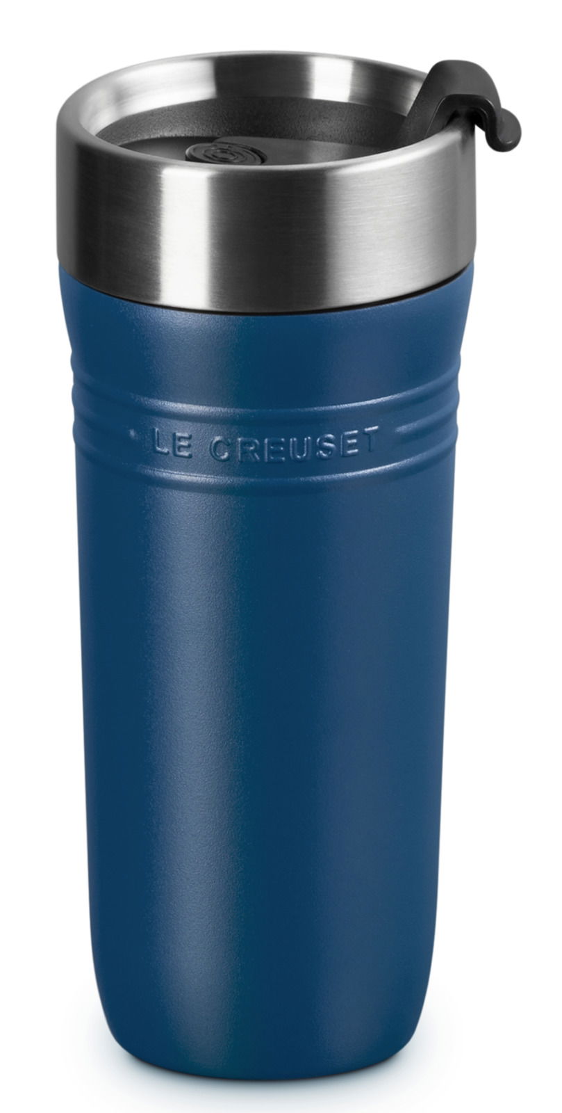 LE CREUSET Thermobecher Deep Teal ON THE GO Thermobecher 350ml in Deep Teal, Vorderansicht mit Edelstahl-Deckel und Le Creuset Logo