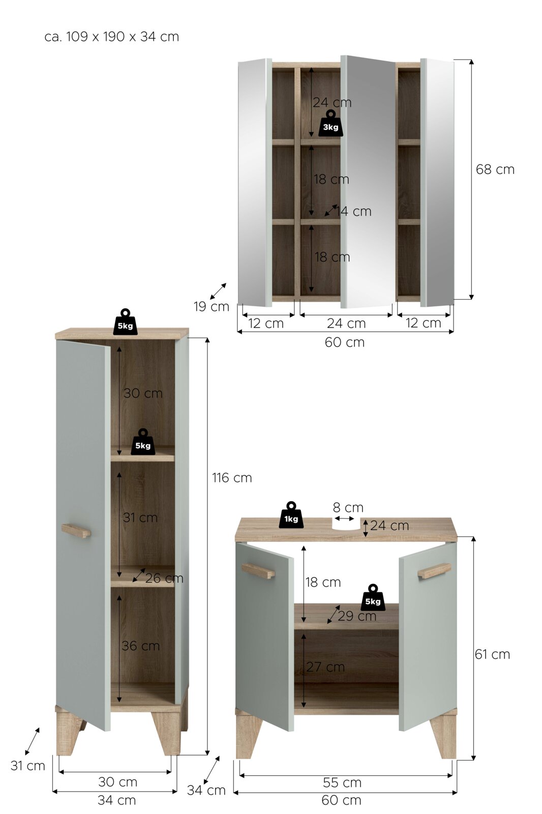 Maßgrafik eines Badezimmermöbel-Sets in Eiche-Optik mit grauen Fronten: Spiegelschrank (ca. 60 x 68 x 19 cm), Hochschrank (ca. 34 x 116 x 34 cm) und Unterschrank (ca. 60 x 61 x 34 cm) mit offenen Türen, Regalböden und Belastungsangaben; Ansicht frontal mi