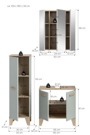 Maßgrafik eines Badezimmermöbel-Sets in Eiche-Optik mit grauen Fronten: Spiegelschrank (ca. 60 x 68 x 19 cm), Hochschrank (ca. 34 x 116 x 34 cm) und Unterschrank (ca. 60 x 61 x 34 cm) mit offenen Türen, Regalböden und Belastungsangaben; Ansicht frontal mi