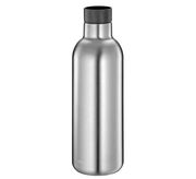 Silberne Isoliertrinkflasche mit schwarzem Deckel, seitliche Perspektive