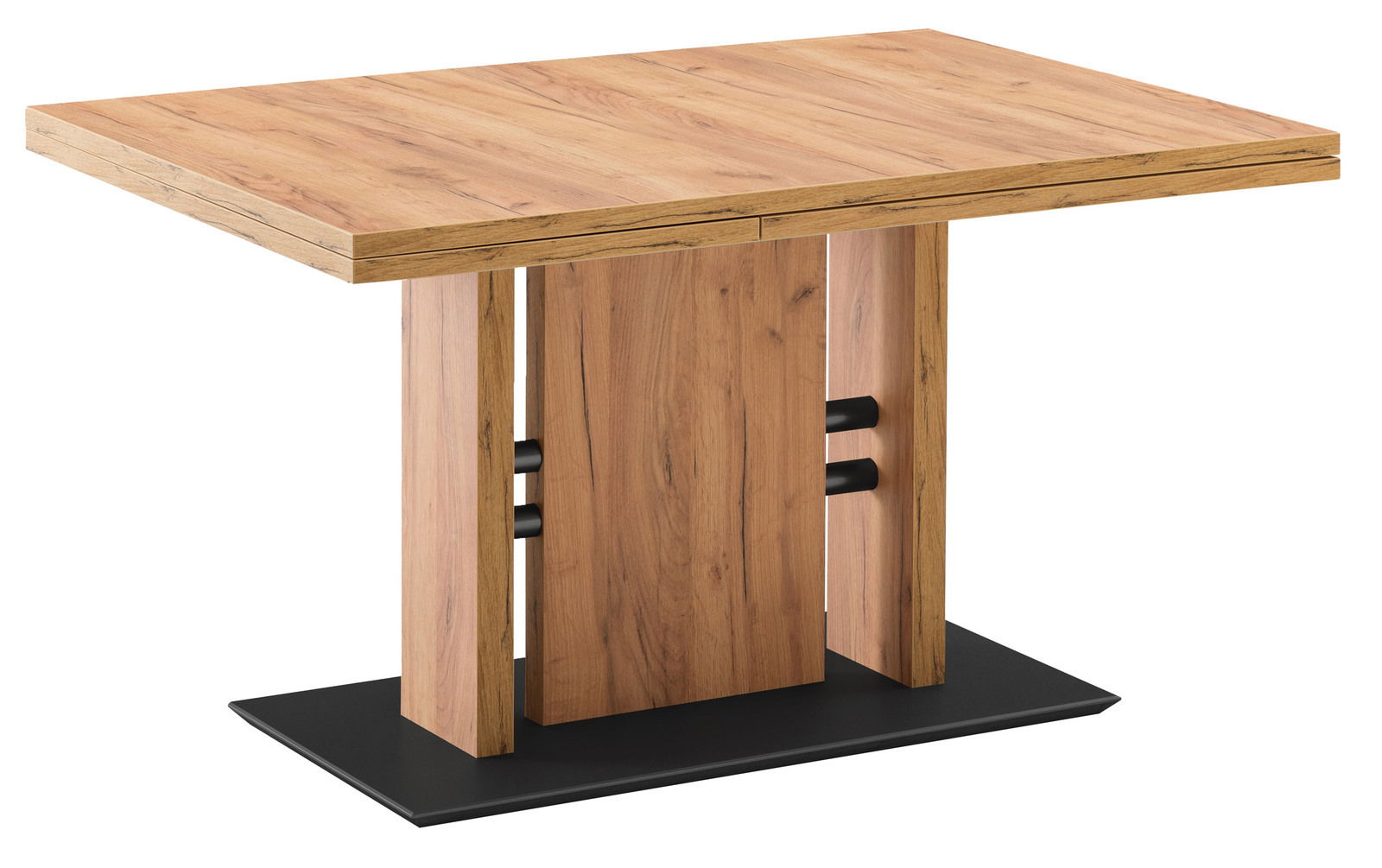 Moderner Esstisch aus Holz mit rechteckiger Tischplatte und stabiler Mittelsäule, seitliche Perspektive