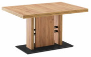 Moderner Esstisch aus Holz mit rechteckiger Tischplatte und stabiler Mittelsäule, seitliche Perspektive