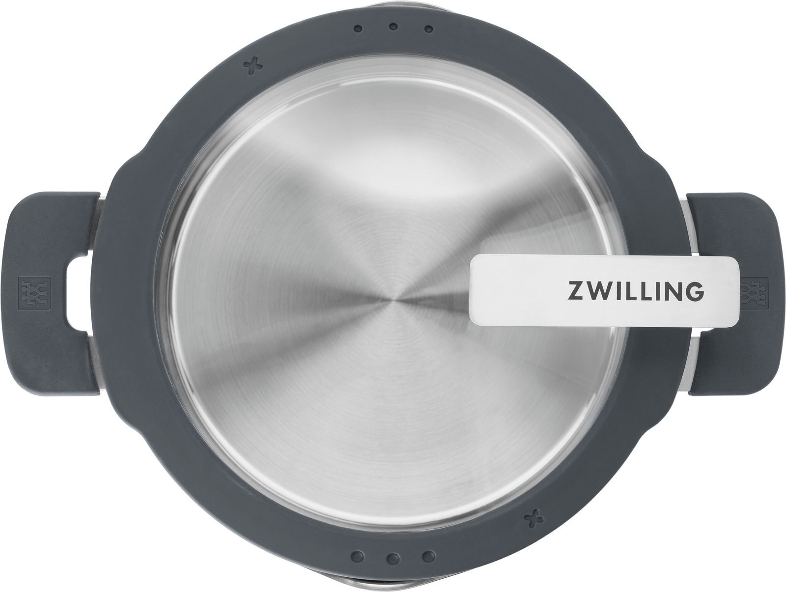 Top-Down-Ansicht eines Edelstahltopfs mit grauem Rand und Griffen, Markenname 'ZWILLING' auf dem Deckelgriff.