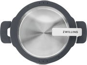 Top-Down-Ansicht eines Edelstahltopfs mit grauem Rand und Griffen, Markenname 'ZWILLING' auf dem Deckelgriff.