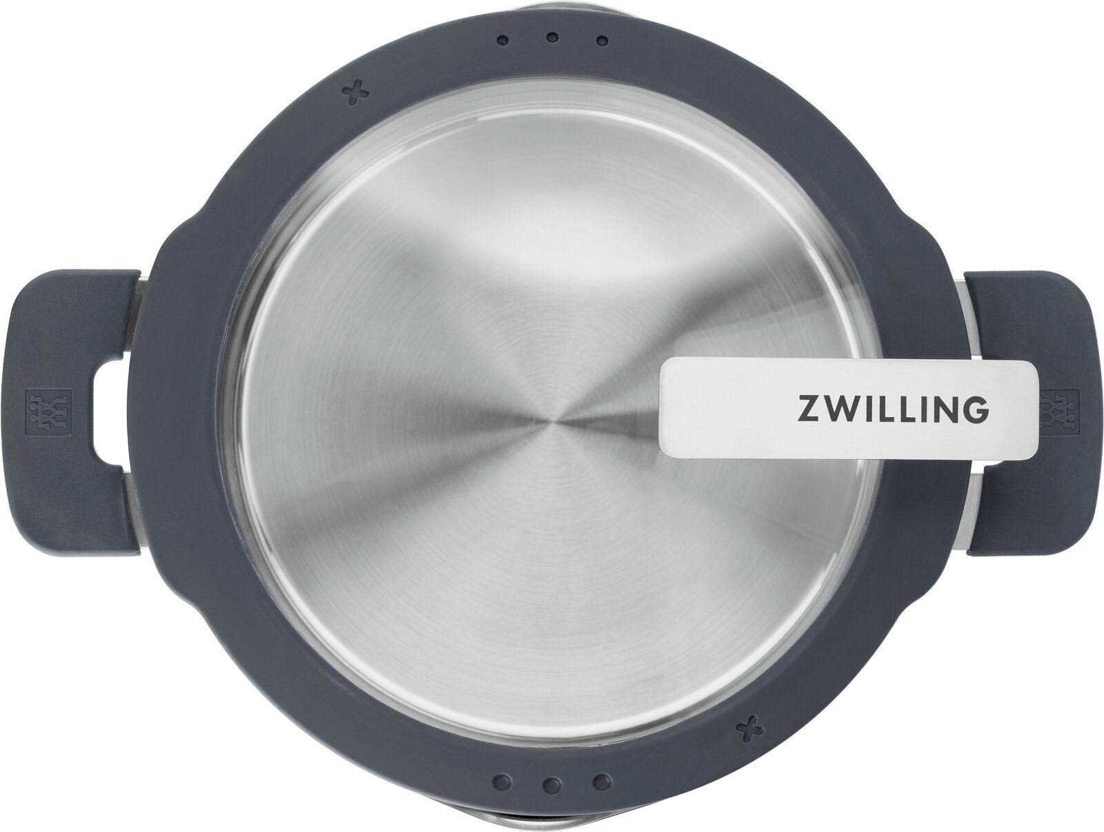 Top-Down-Ansicht eines Edelstahltopfs mit grauem Rand und Griffen, Markenname 'ZWILLING' auf dem Deckelgriff.