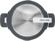 Top-Down-Ansicht eines Edelstahltopfs mit grauem Rand und Griffen, Markenname 'ZWILLING' auf dem Deckelgriff.