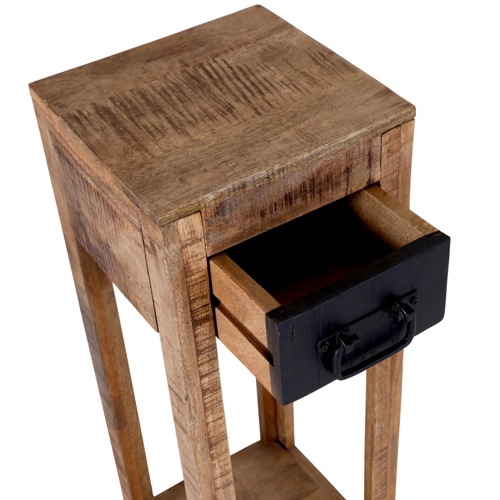 Beistelltisch aus Holz mit geöffneter Schublade, Perspektive von oben