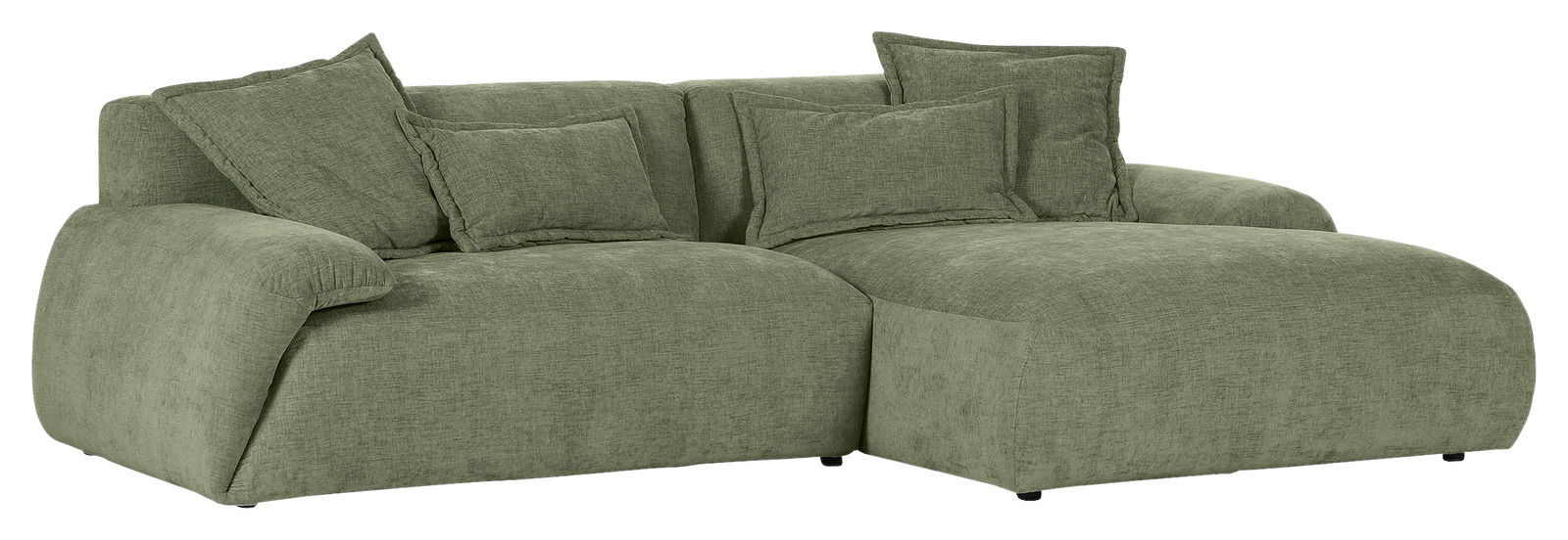 Grünes Ecksofa mit mehreren Kissen, Perspektive von vorne rechts