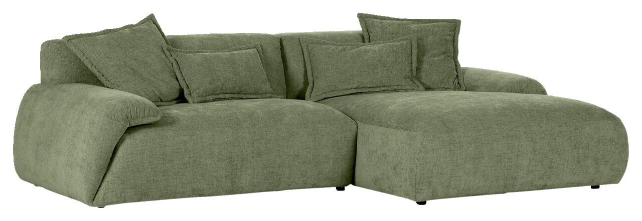 Grünes Ecksofa mit mehreren Kissen, Perspektive von vorne rechts
