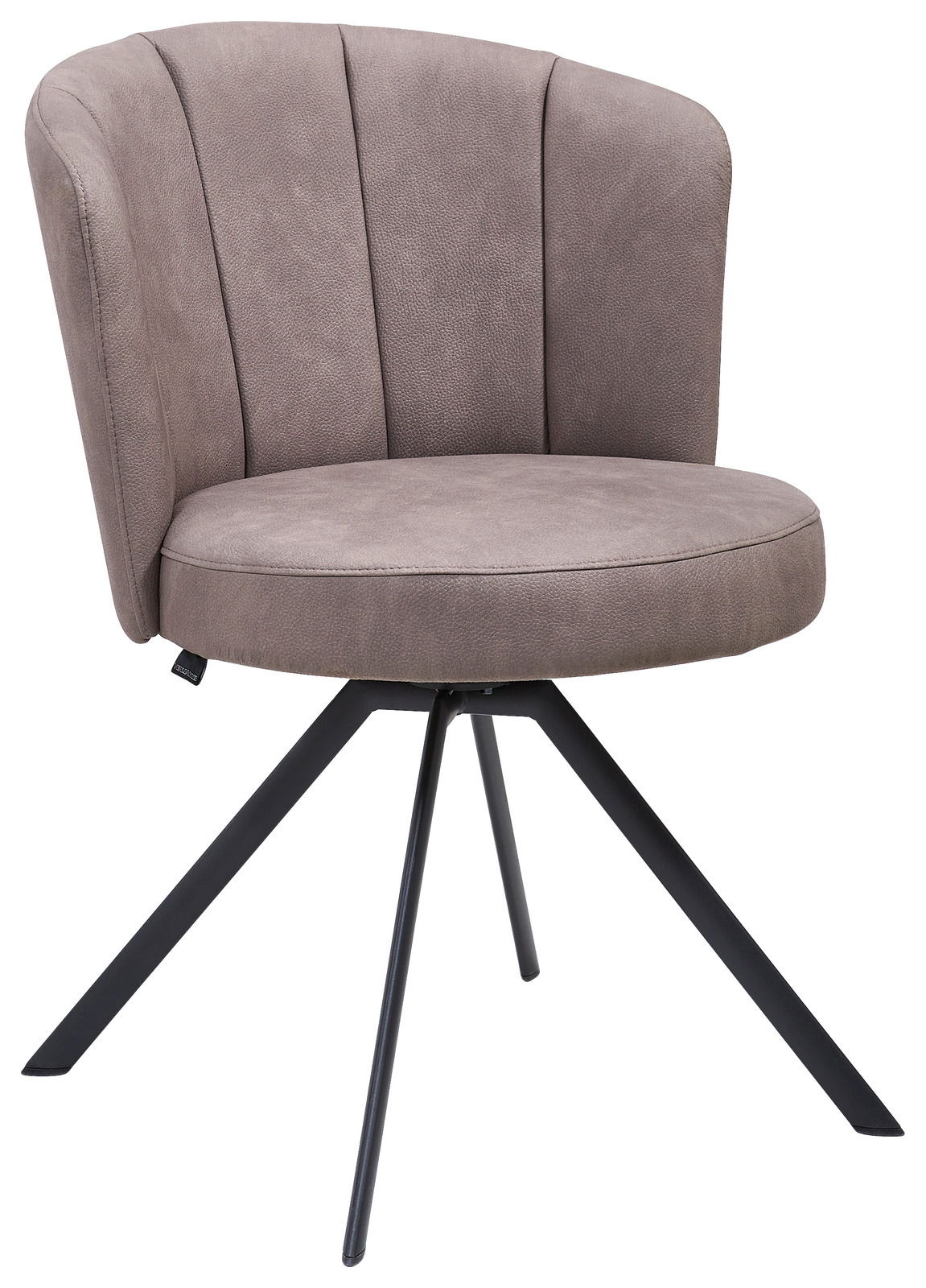 Moderner Sessel mit grauem Stoffbezug und schwarzem Metallgestell, seitliche Perspektive