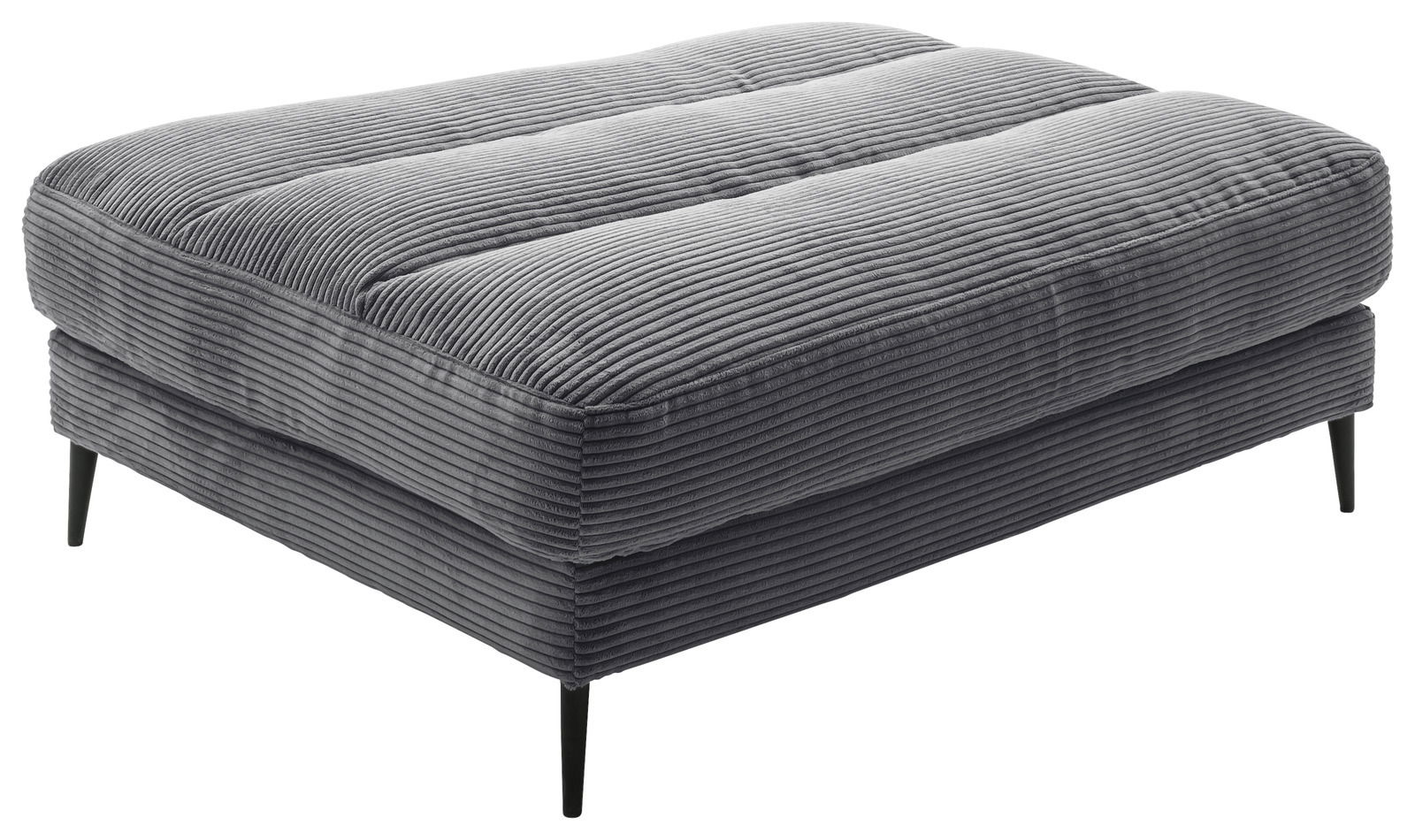 Grauer, gerippter Hocker mit schwarzen, schlanken Beinen, seitliche Perspektive