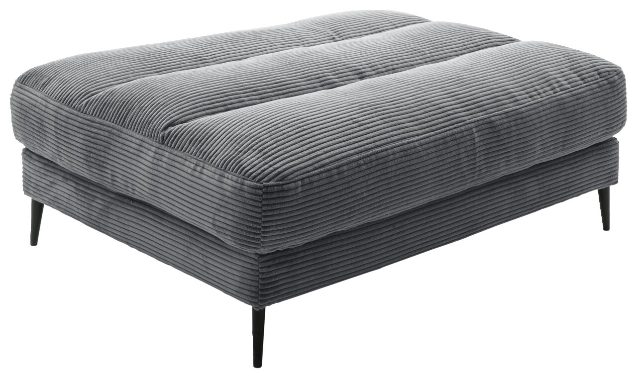 Grijze, geribbelde poef met zwarte, slanke poten, zijaanzicht