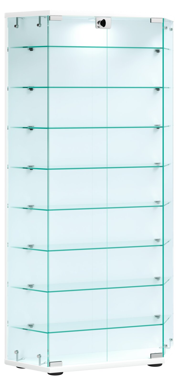 VCM Standvitrine CENILA Hohe, sechseckige Glasvitrine mit mehreren transparenten Glasböden und Metallbeschlägen, freistehend auf Sockel, Produktansicht frontal mit leichter Seitenperspektive