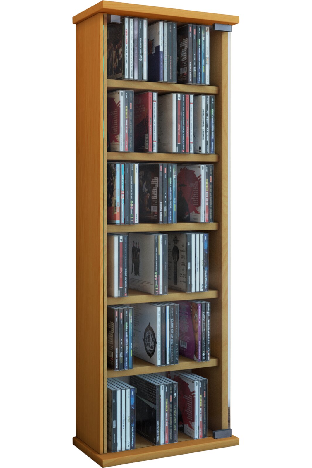 Schmaler CD-/DVD-Standregal-Turm aus Holz in heller Buche-Optik, befüllt mit CDs, freigestellt auf weißem Hintergrund, Ansicht schräg von vorne.