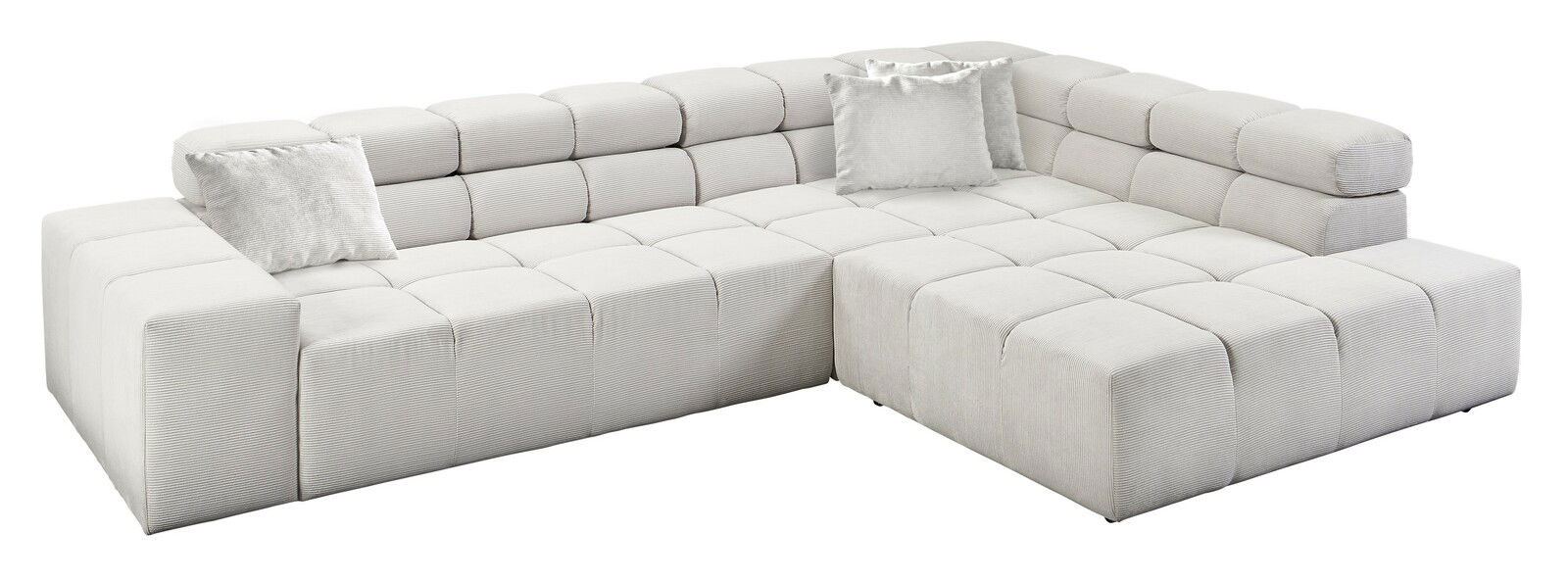 Moderne, helle Rundecke mit zwei Kissen, aus einer leicht erhöhten Perspektive fotografiert.