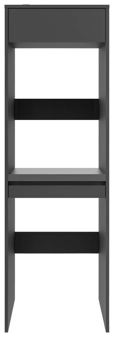 Vooraanzicht van een moderne, grijze dubbele wasmachine-kast met twee open legplanken.
