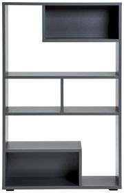 Moderner Raumteiler mit asymmetrischen Regalfächern in dunklem Grau, Frontalansicht