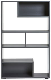 Moderner Raumteiler mit asymmetrischen Regalfächern in dunklem Grau, Frontalansicht