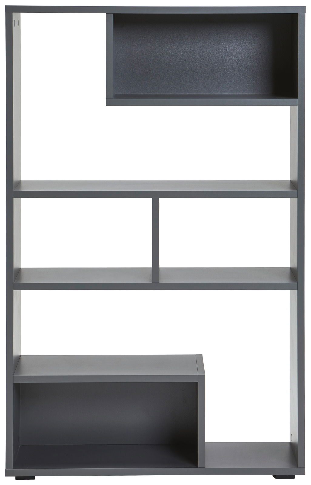 Moderner Raumteiler mit asymmetrischen Regalfächern in dunklem Grau, Frontalansicht