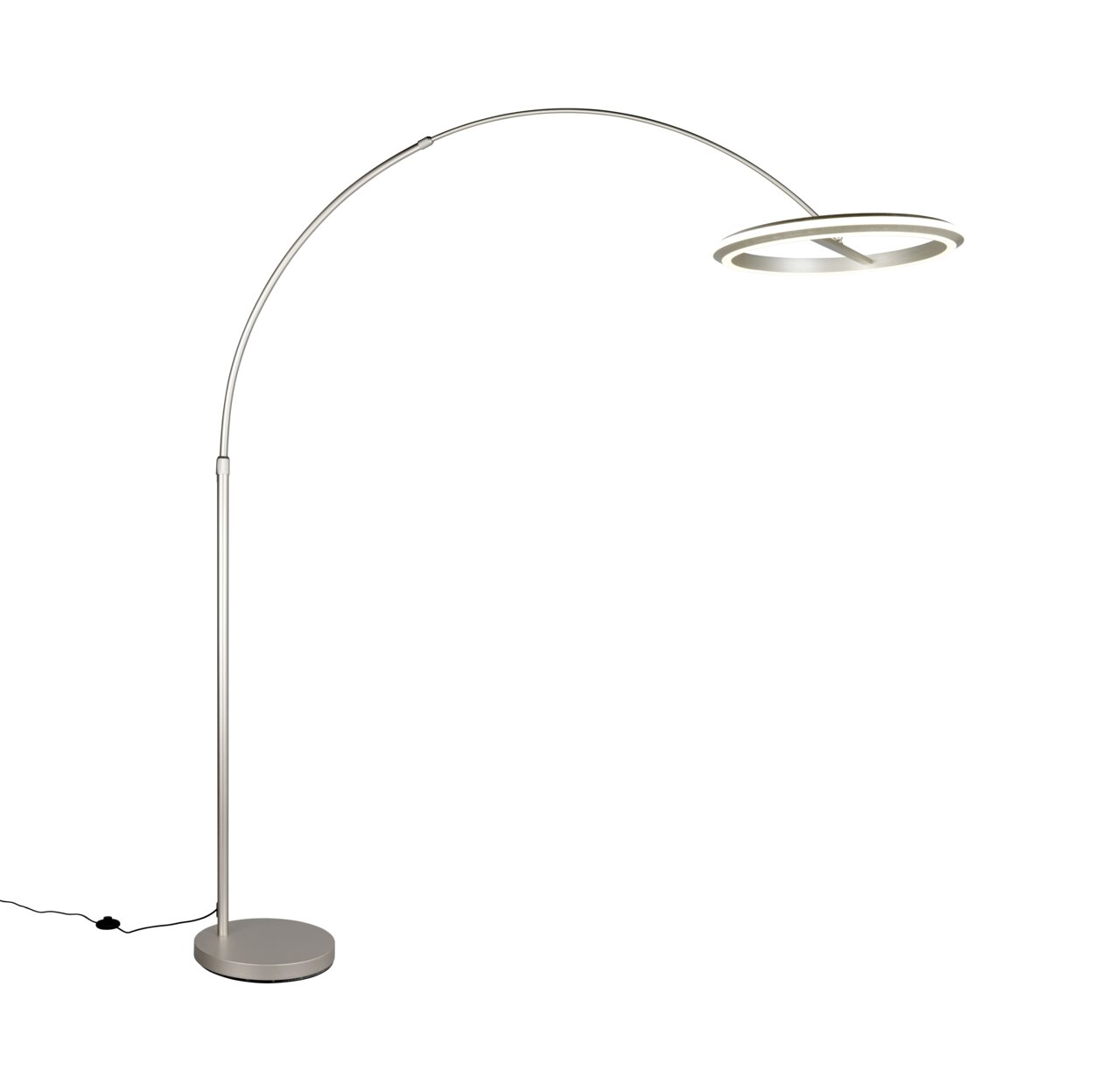 Moderne LED-Bogenleuchte in seitlicher Perspektive mit rundem Sockel und gebogenem Arm, der einen ringförmigen Leuchtkopf hält.