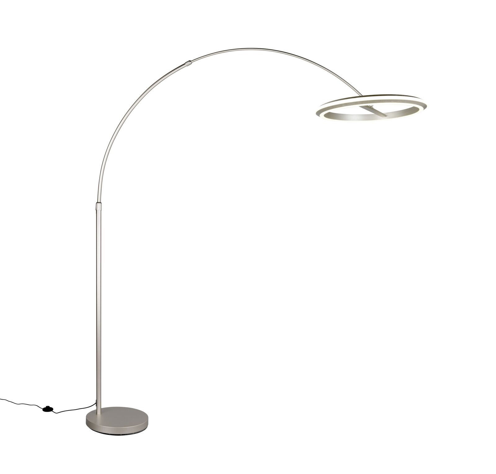 Moderne LED-Bogenleuchte in seitlicher Perspektive mit rundem Sockel und gebogenem Arm, der einen ringförmigen Leuchtkopf hält.