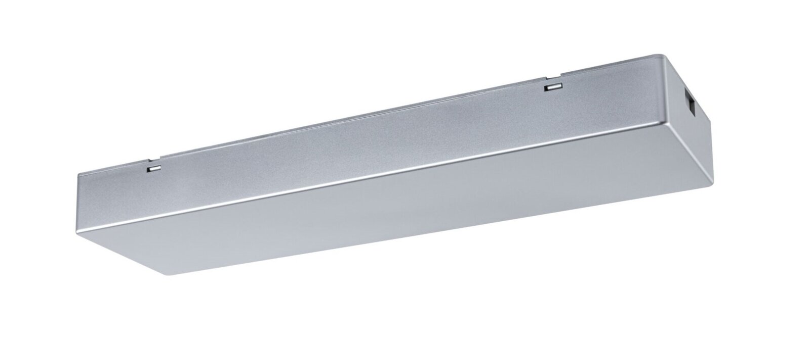 PAULMANN Power Box Zigbee LINION Silberne, rechteckige Decken- oder Wandleuchte mit opaler Abdeckung, in schräger Seitenansicht von unten vor weißem Hintergrund