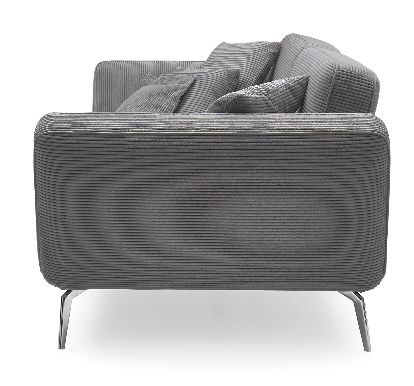 Seitenansicht eines grauen Megasofas mit zwei Sitzen, gestreiftem Stoffbezug und Metallfüßen.