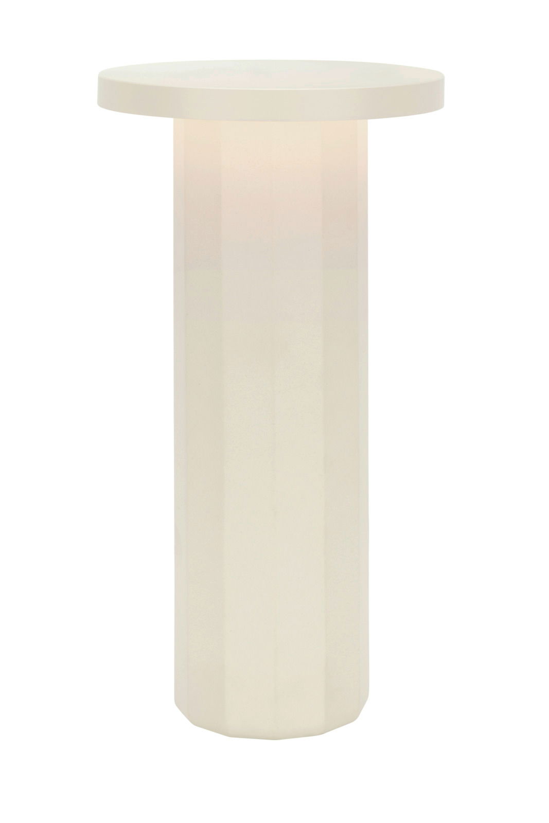 Zylindrische Akku-Tischleuchte in Weiß, frontal betrachtet