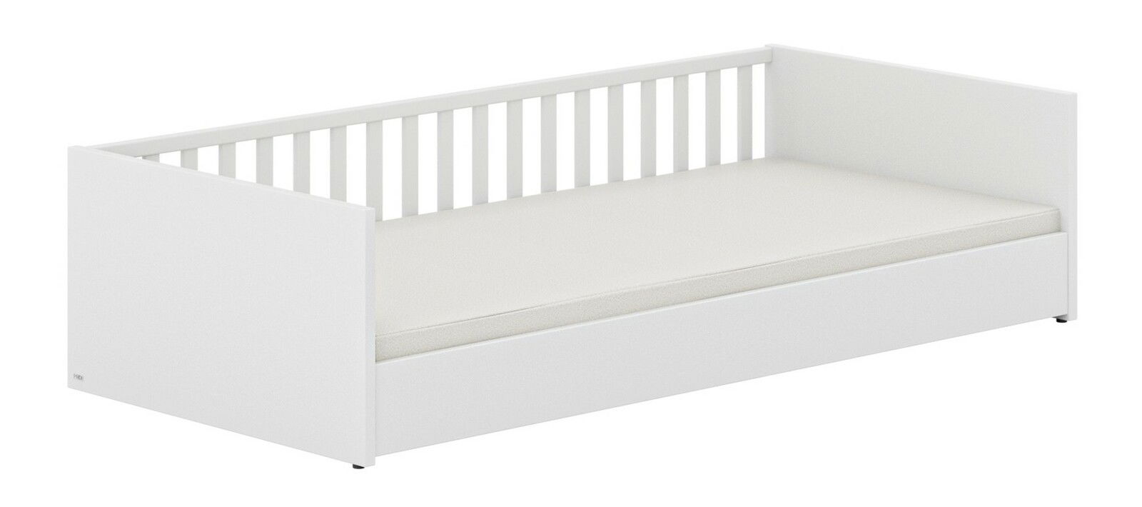 Weißes Bodenbett mit Gitterseite, seitliche Perspektive