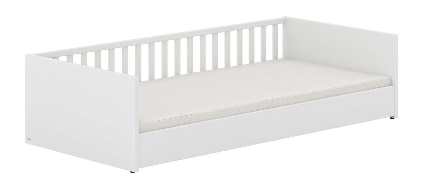Weißes Bodenbett mit Gitterseite, seitliche Perspektive
