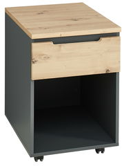 Rollcontainer mit Holzoptik und einer Schublade, seitliche Perspektive