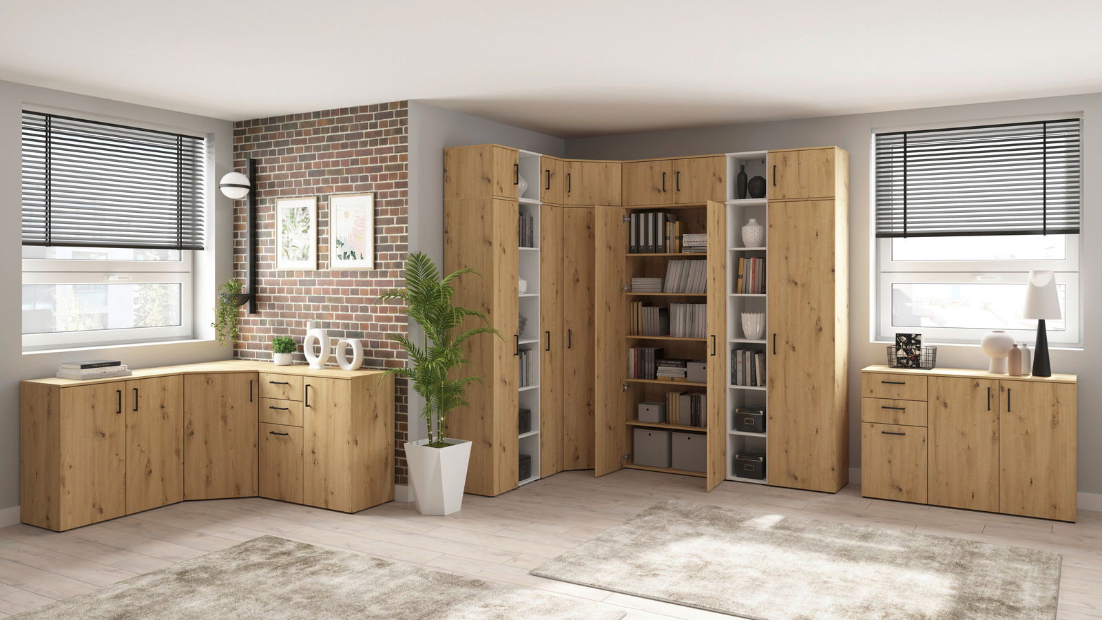 Carryhome Mehrzweck-/Kleiderschrank MULTISTAURAUM Moderne Wohnzimmermöbel in Holzoptik, bestehend aus mehreren Schränken und Regalen, in einer Eckanordnung. Perspektive von vorne.