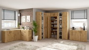 Moderne woonkamermeubels in houtlook, bestaande uit verschillende kasten en planken, opgesteld in een hoekopstelling. Aanzicht van voren.