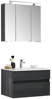 Moderner Badblock mit Spiegelschrank und Waschbecken, seitliche Perspektive