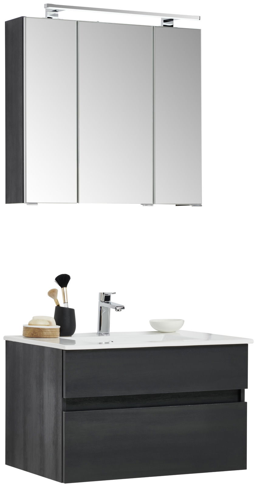 Novel Badblock NV.210 Moderner Badblock mit Spiegelschrank und Waschbecken, seitliche Perspektive