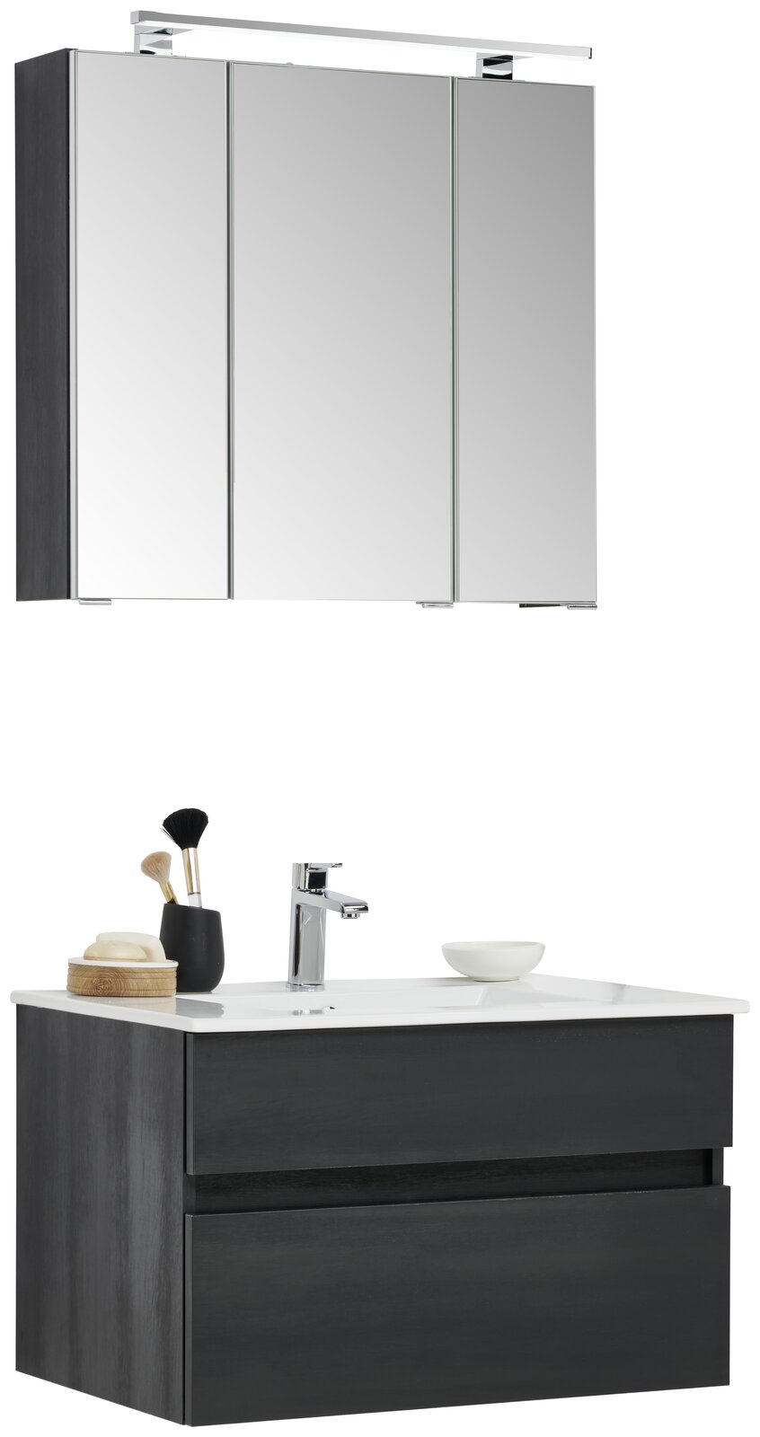 Novel Badblock NV.210 Moderner Badblock mit Spiegelschrank und Waschbecken, seitliche Perspektive