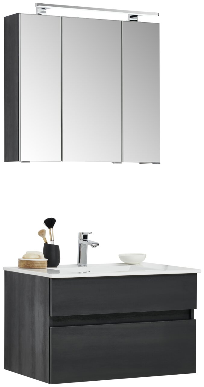 Moderner Badblock mit Spiegelschrank und Waschbecken, seitliche Perspektive