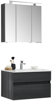Moderner Badblock mit Spiegelschrank und Waschbecken, seitliche Perspektive