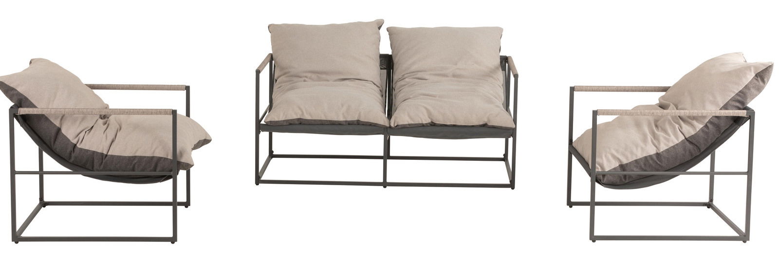 Moderner Lounge-Sessel mit Metallrahmen und bequemen, hellgrauen Kissen, aus verschiedenen Perspektiven gezeigt.