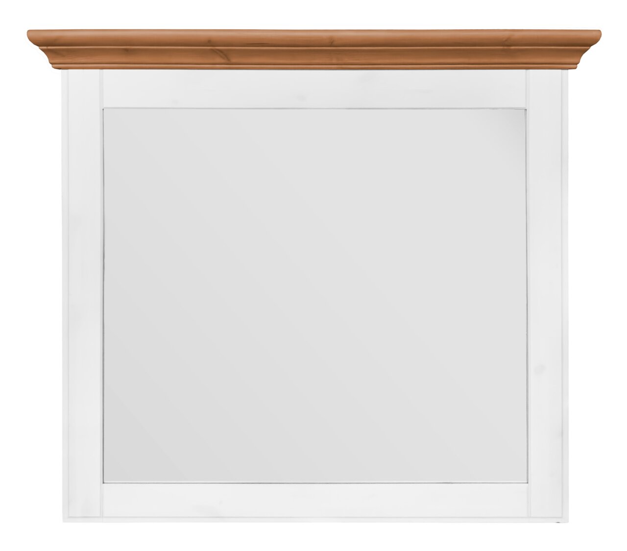 Quadratischer Spiegel mit weißem Rahmen und brauner Holzleiste, Frontalansicht