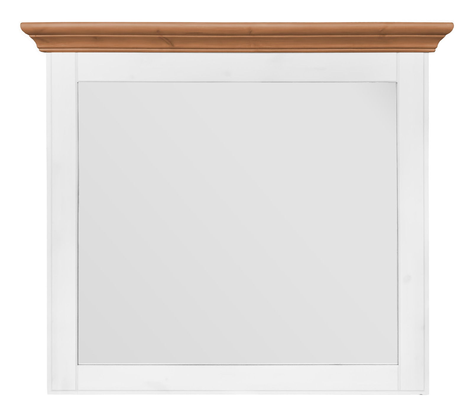 Quadratischer Spiegel mit weißem Rahmen und brauner Holzleiste, Frontalansicht