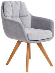 Moderner grauer Sessel mit Holzbeinen, seitliche Perspektive