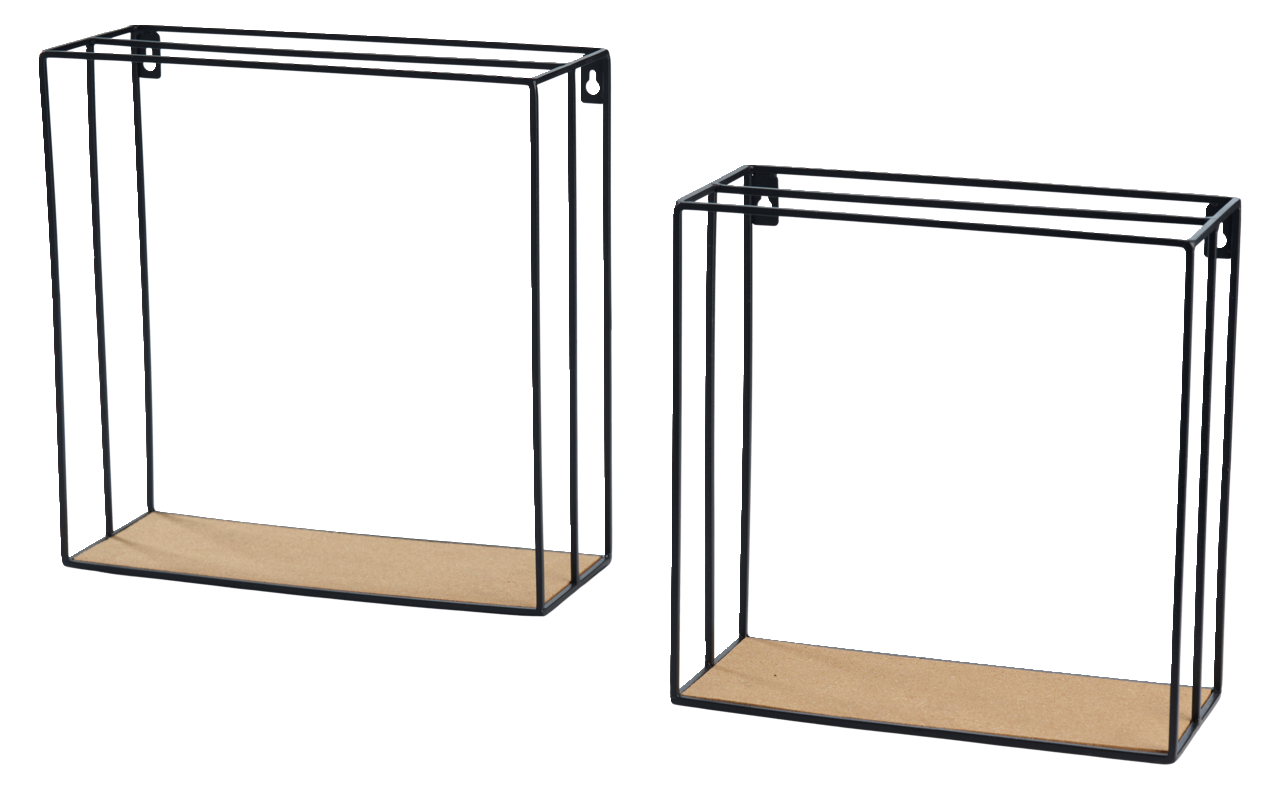 Zwei Wandregale im Set, bestehend aus schwarzen Metallrahmen mit Holzböden, frontal abgebildet.