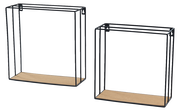 Zwei Wandregale im Set, bestehend aus schwarzen Metallrahmen mit Holzböden, frontal abgebildet.