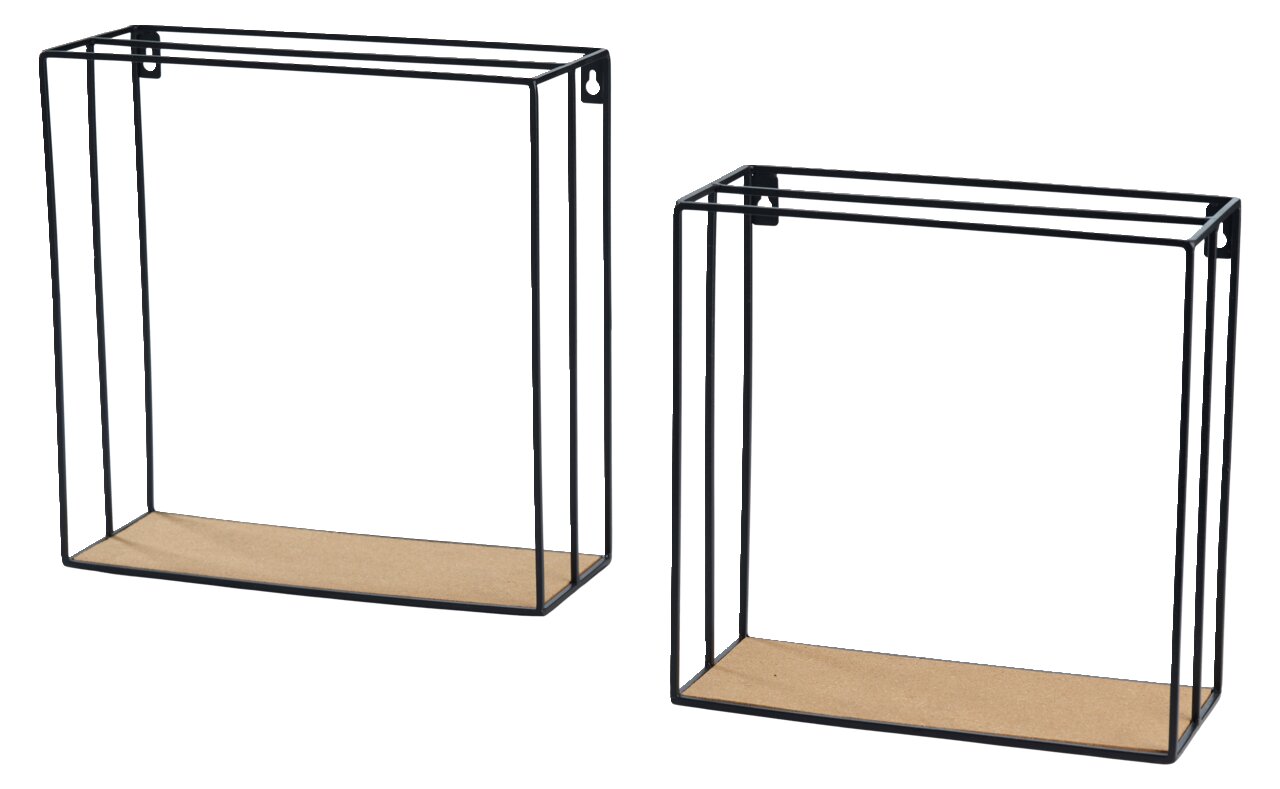 Een set van twee wandplanken, bestaande uit zwarte metalen frames met houten planken, afgebeeld van voren.