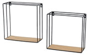 Een set van twee wandplanken, bestaande uit zwarte metalen frames met houten planken, afgebeeld van voren.