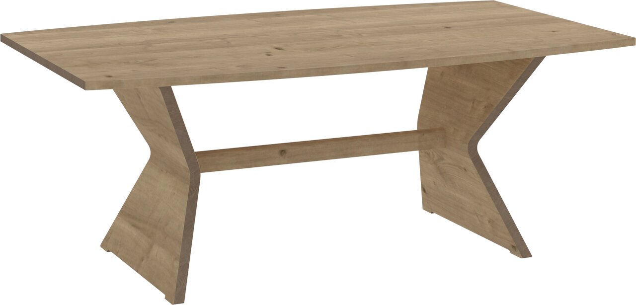 Moderner Esstisch aus Holz in seitlicher Perspektive mit geschwungenen Beinen.