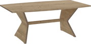 Moderner Esstisch aus Holz in seitlicher Perspektive mit geschwungenen Beinen.