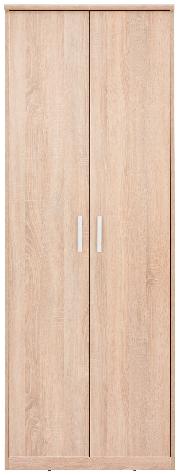 Frontale Ansicht eines XORA Mehrzweckschranks der Serie EASY mit Holzoptik und zwei Türen, 72x194x36 cm.