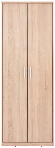 Frontale Ansicht eines XORA Mehrzweckschranks der Serie EASY mit Holzoptik und zwei Türen, 72x194x36 cm.